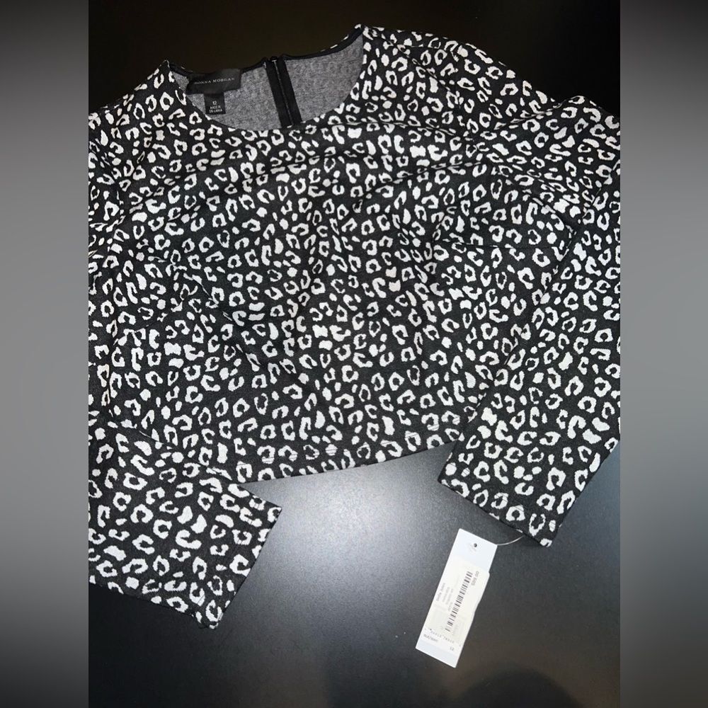 Donna Morgan Gray Black Long Sleeve Animal Leopard Crop Top Size 12 NWT